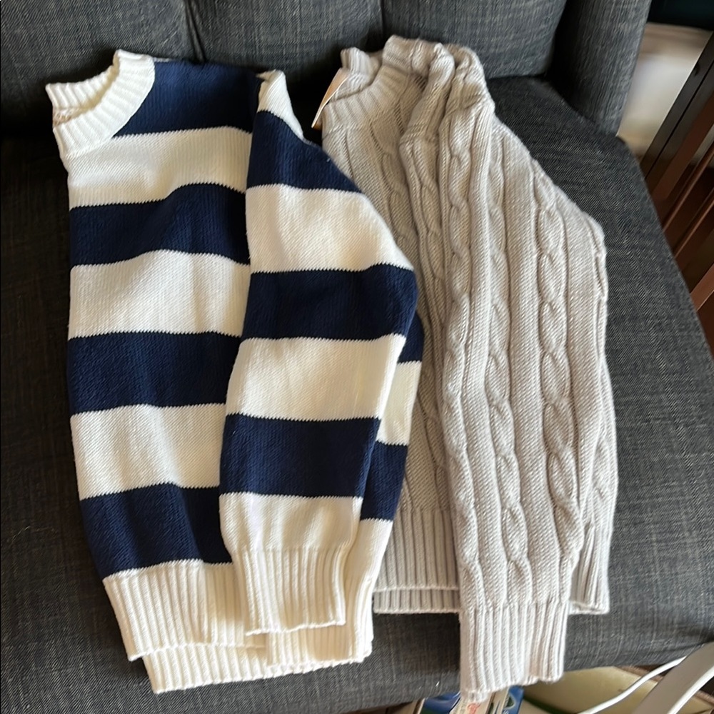 TBBC Striped Navy and White Sweater and Grey Cable knit Sweater